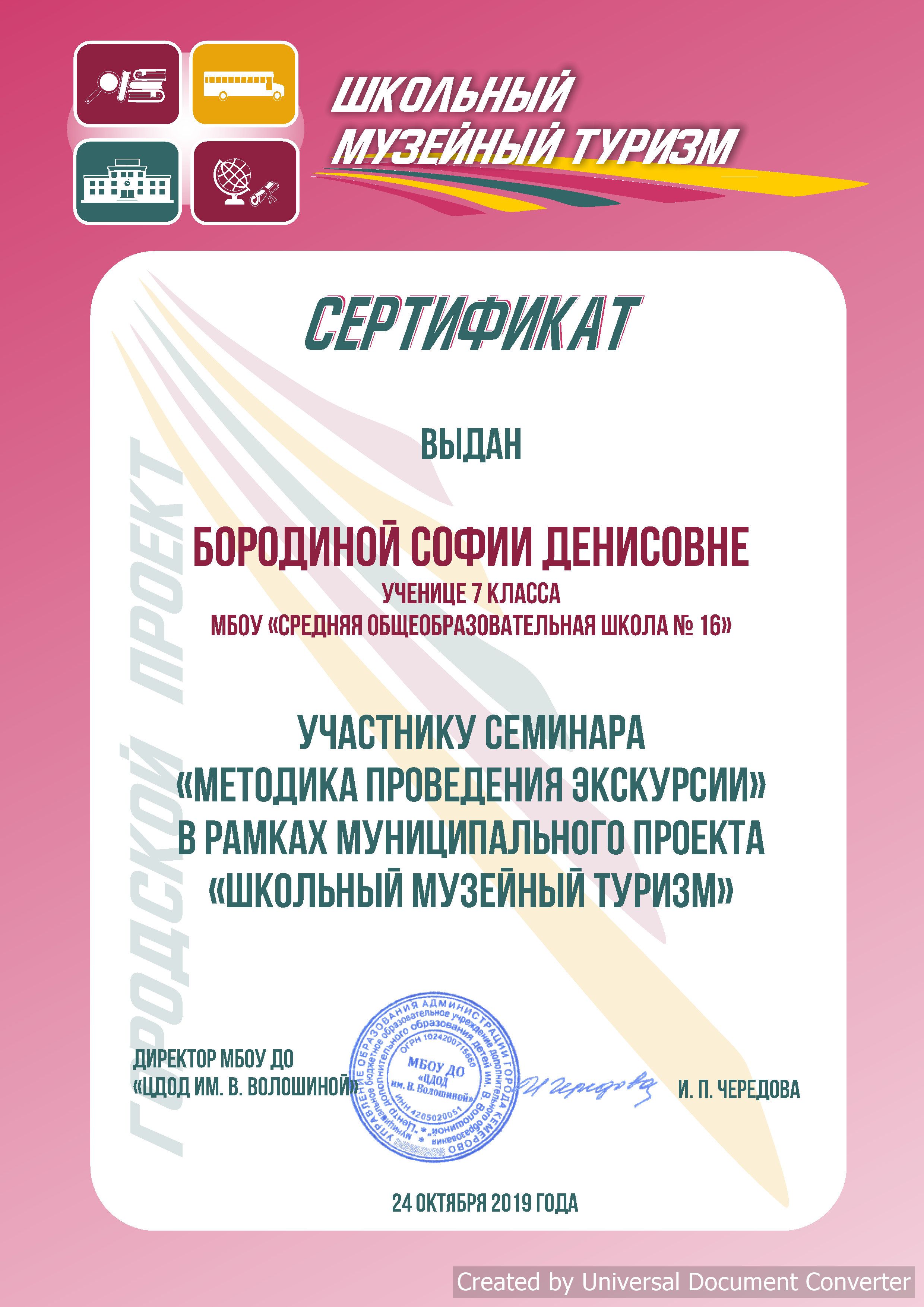 Сертификат Бородиной Софии