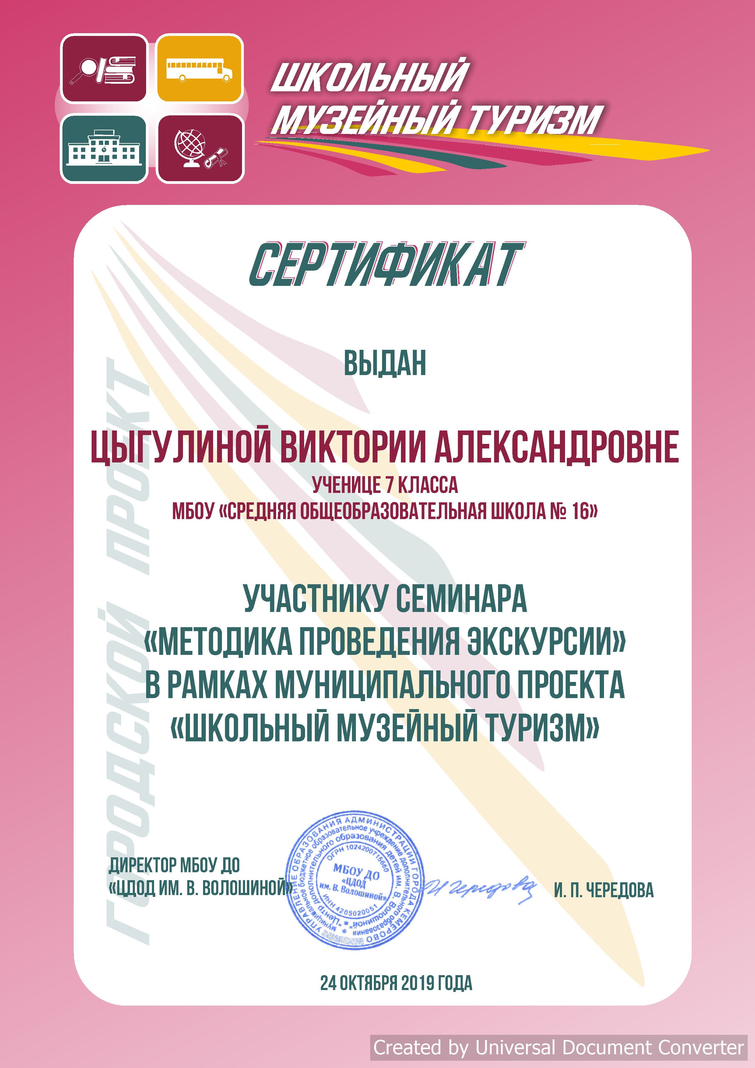 Сертификат Цыгулиной В.